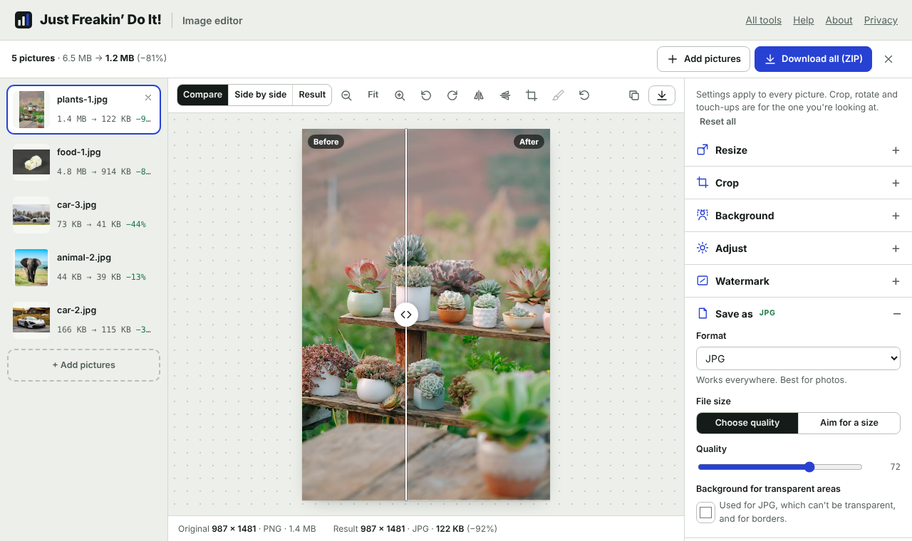 The image editor: a list of pictures on the left, a before-and-after comparison in the middle and settings on the right