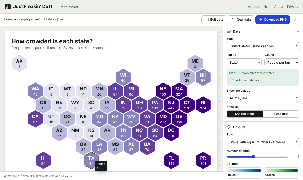 The map maker showing US states as equal-size hexagons, shaded by population density, with each state's code and value