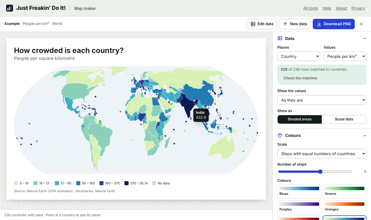 The map maker: a world map shaded by population density in the middle, with settings for data, colours and downloads on the right