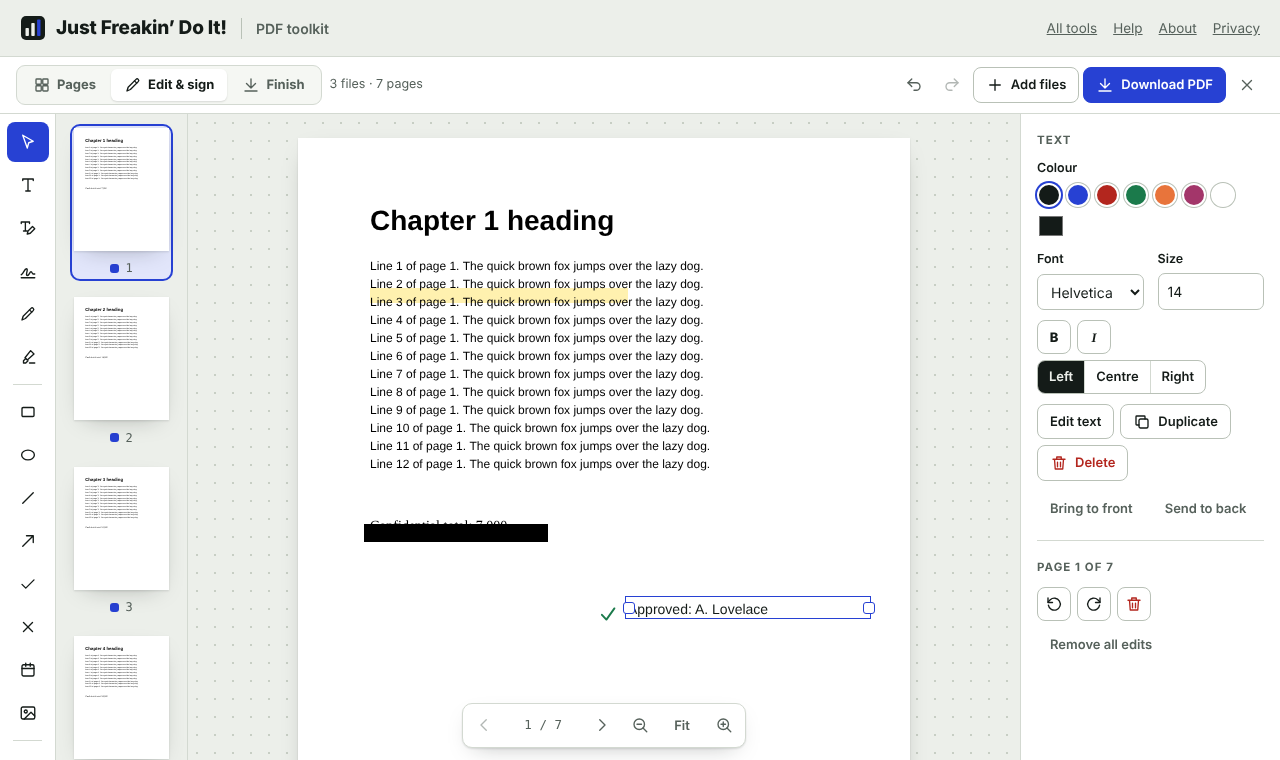 The editor: tools down the left, page thumbnails, the page with added text, highlight and redaction, and settings on the right