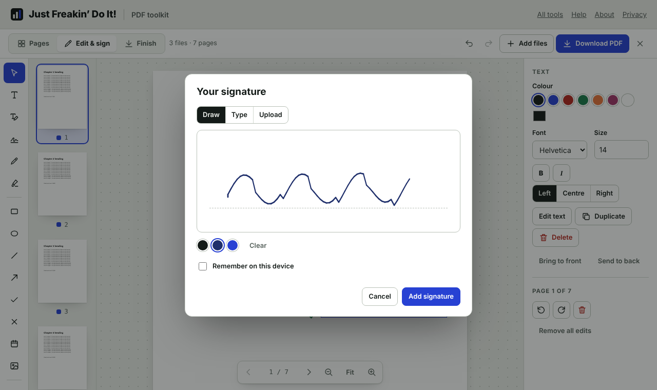 The signature window with Draw, Type and Upload options