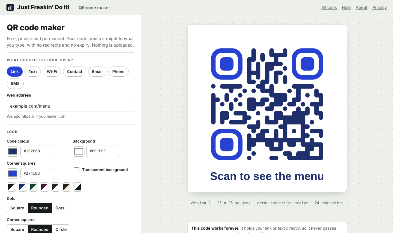 The QR code maker: settings on the left, a styled code with a caption on the right